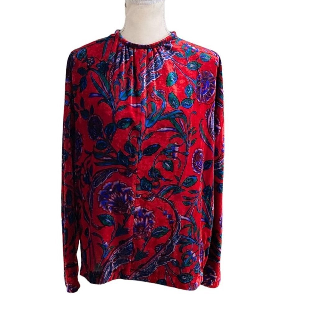 SANDRO PARIS RED BLUE GREEN FLORAL VELVET LONG TEE PULLOVER TOP - S (SIZE 1) - Picture 2 of 12